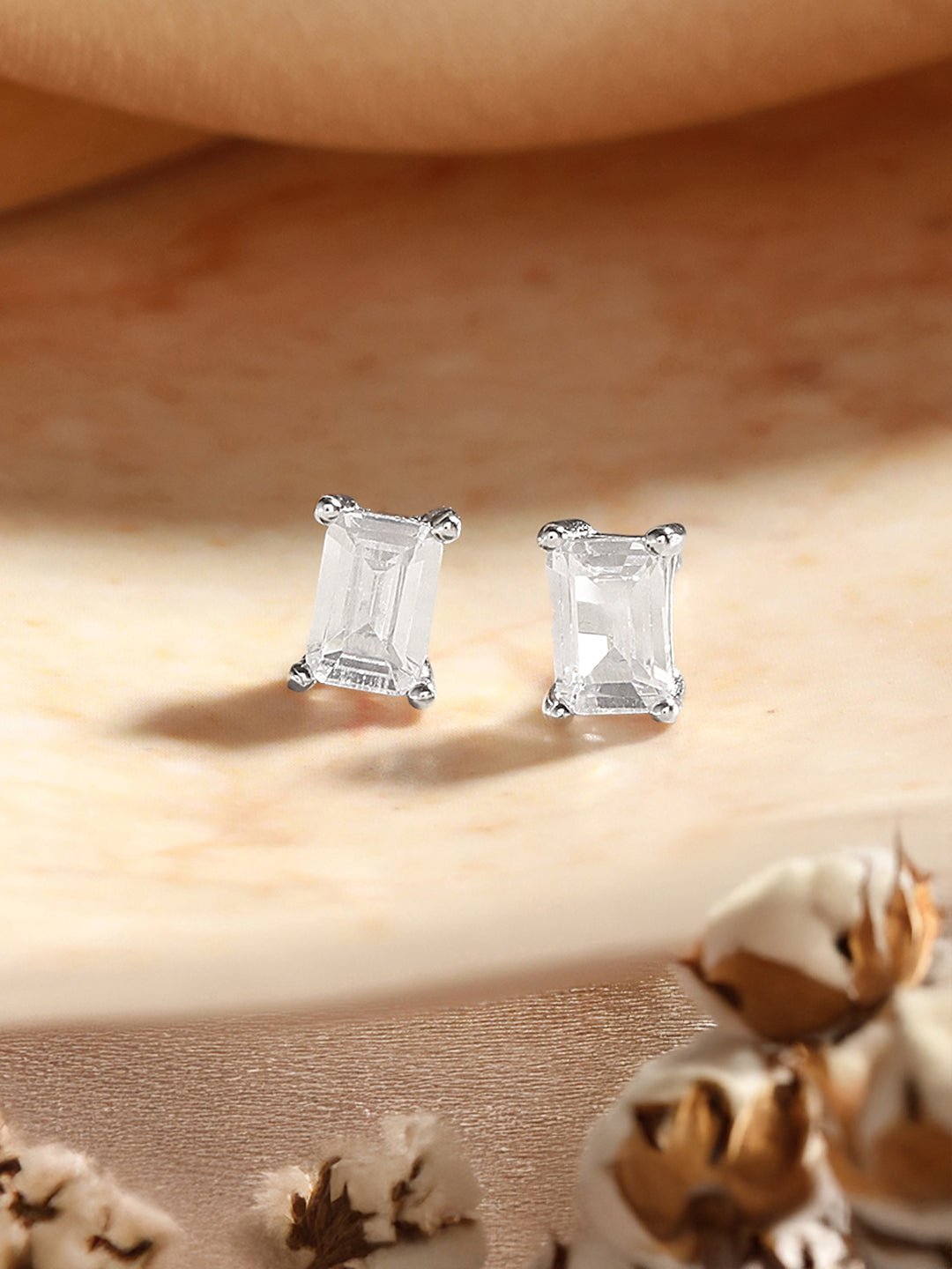 925 Sterling Silver 6 mm Zircon Studded Rectangular Solitaire Dailywear Studds Earrings